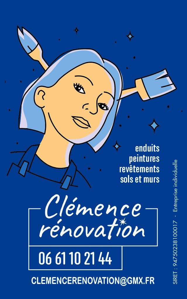 Carte de visite Clémence Rénovation : enduits, peintures, revêtements sols et murs, 06 61 10 21 44, clemencerenovation@gmx.fr