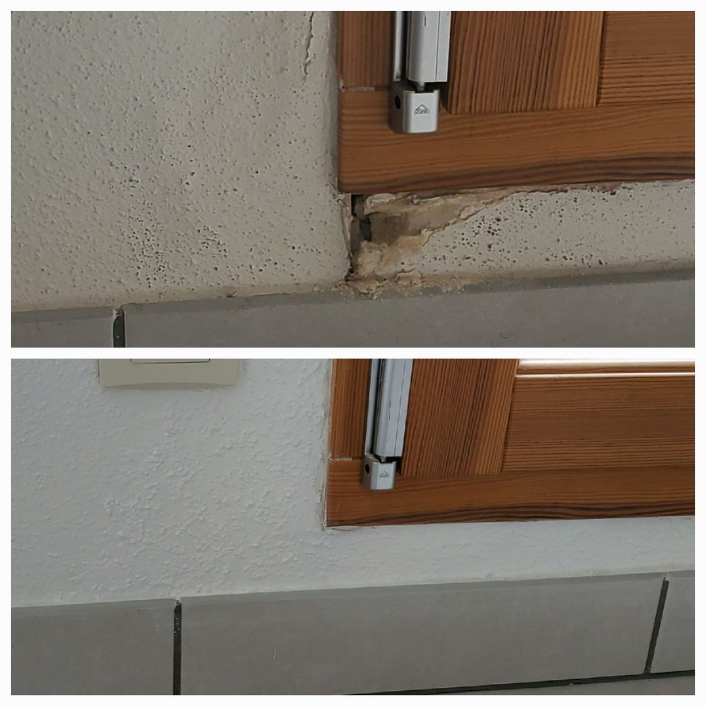 Avant et après : bas de porte-fenêtre abîmé, réparé puis remis en peinture.