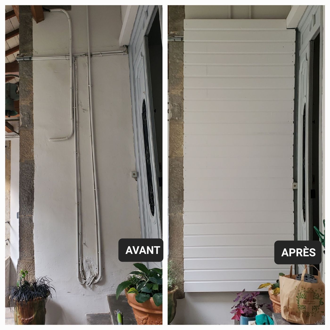 Avant et après : canalisations apparentes sur un mur extérieur, dissimulées par un coffre en bardage blanc.