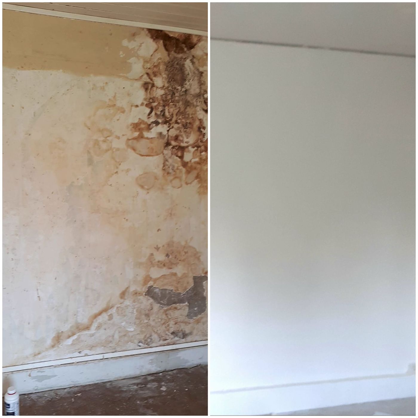 Avant et après : mur très dégradé et taché, réparé puis remis en peinture.