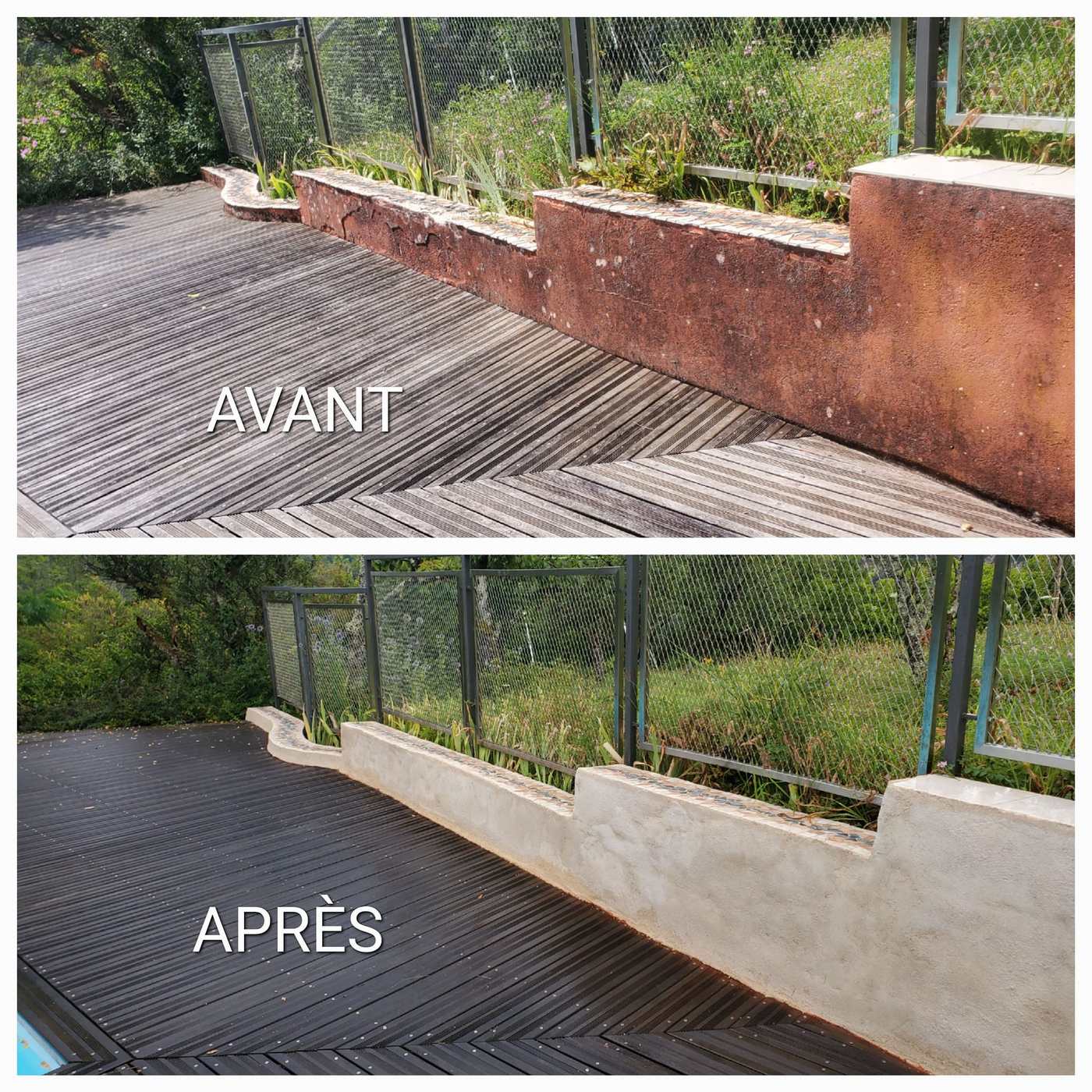 Avant et après : muret de piscine dégradé, puis repris et enduit.