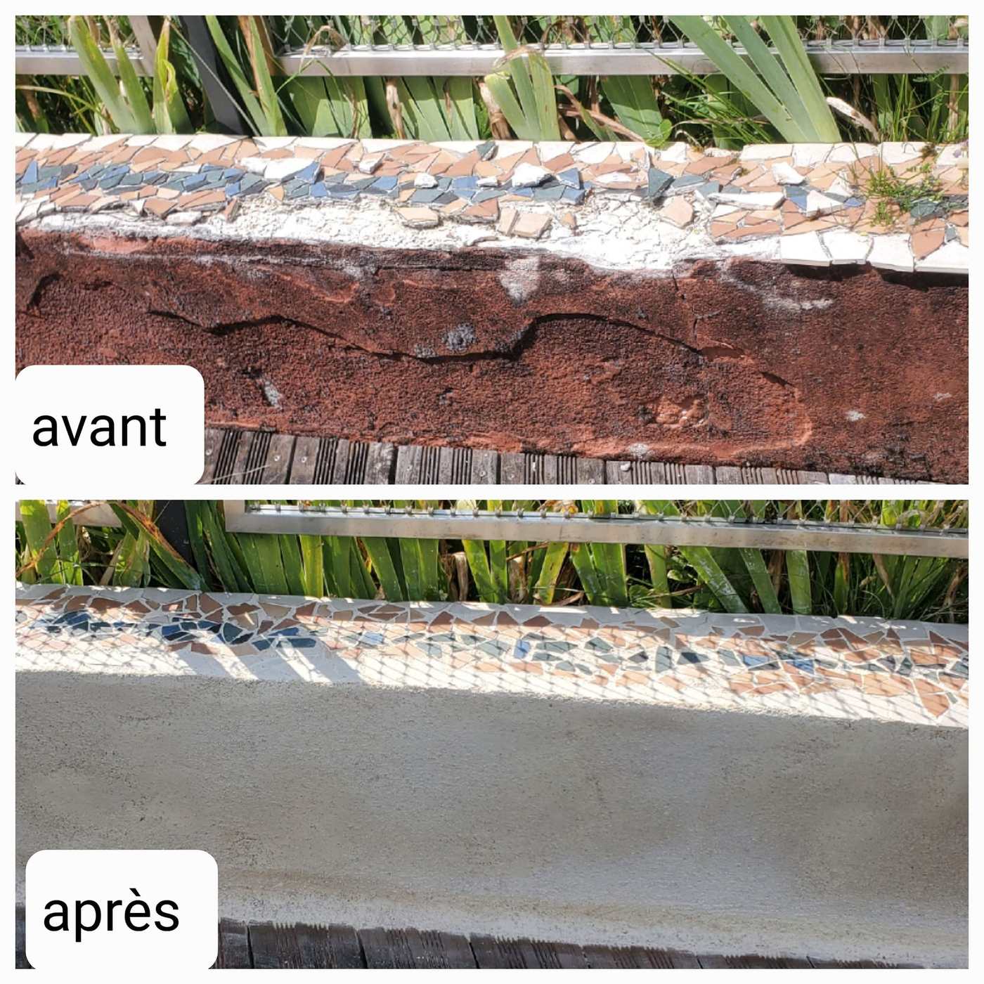 Détail avant et après de la crête du muret : pierres descellées, puis maçonnerie reprise.