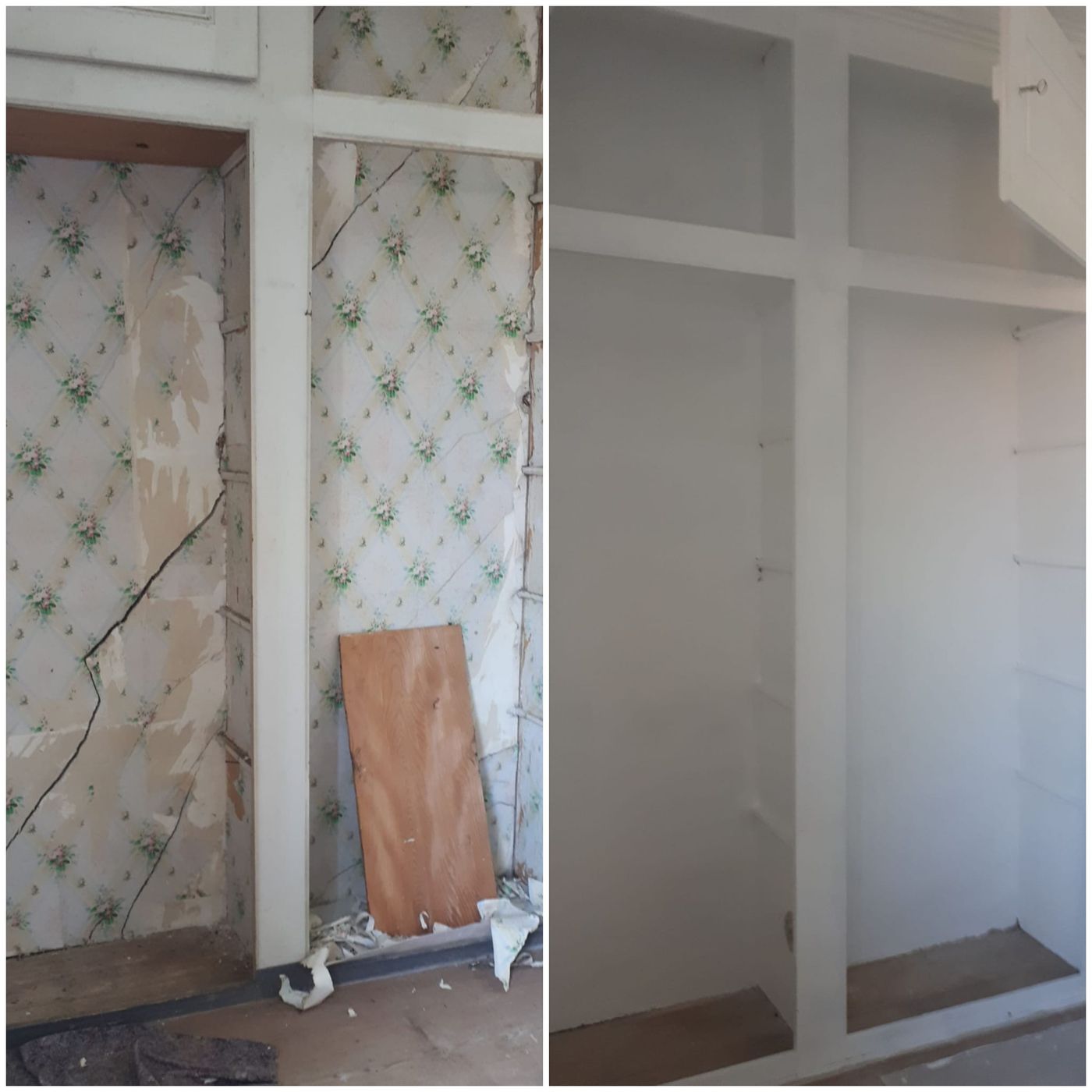 Avant et après : placard ancien tapissé, transformé en rangement blanc à étagères.