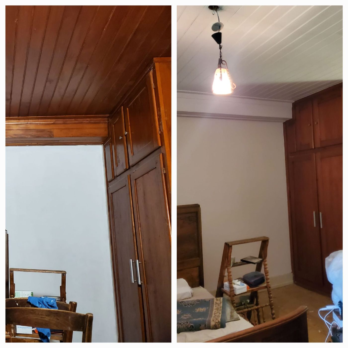 Avant et après : plafond et boiseries en chêne foncé, puis lambris blanchi qui éclaire la pièce.