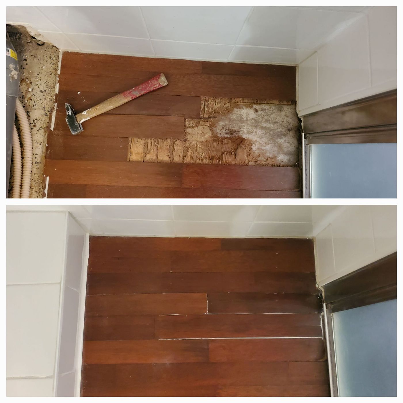 Avant et après : parquet exotique déposé, puis lames remplacées et poncées.