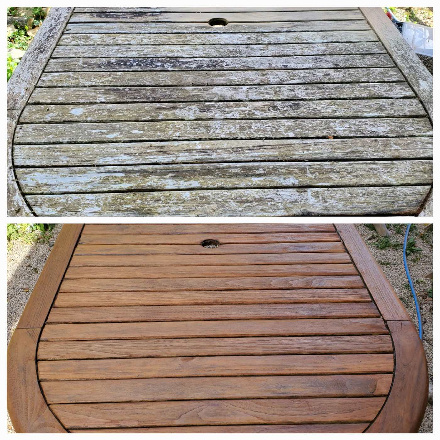 Avant et après : table de jardin en teck grisée, puis poncée et huilée.